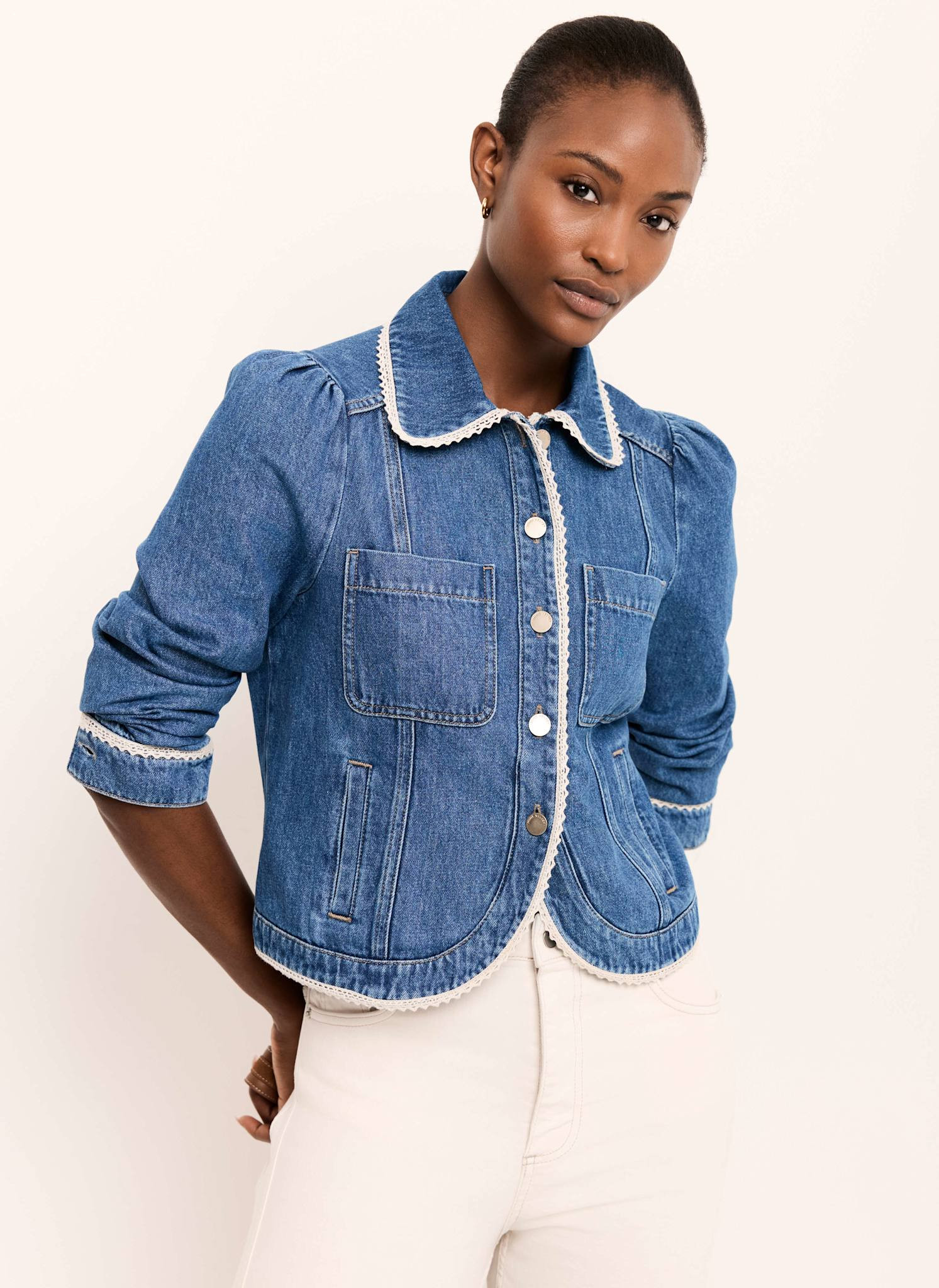 Mid Indigo Crochet Trim Denim Jacket | Mint Velvet