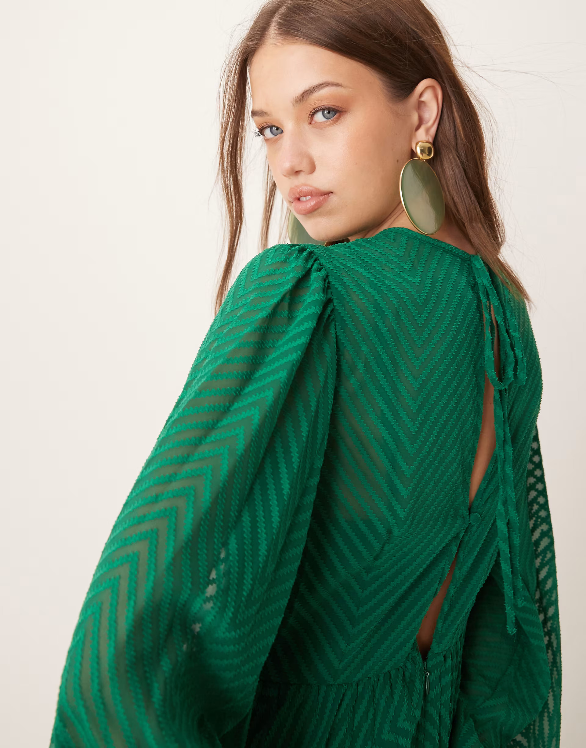 ASOS DESIGN tie back fluted sleeve pleated chevron chiffon midi dress in green | ASOS | ASOS (Global)