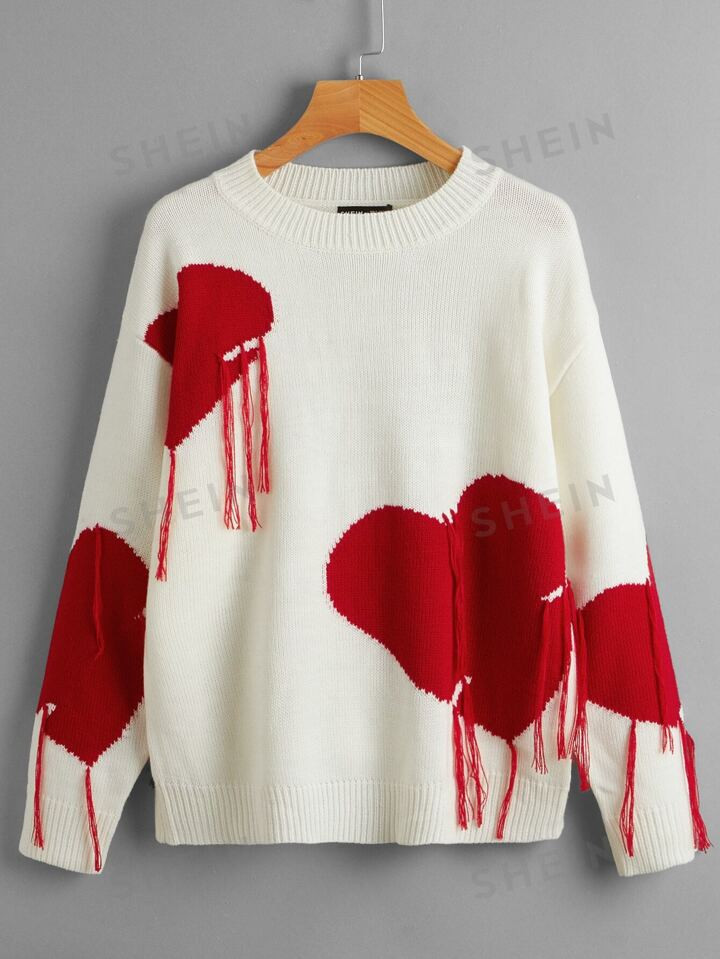 SHEIN Qutie Winter Heart Pattern Drop Shoulder Fringe Trim White Sweater | SHEIN