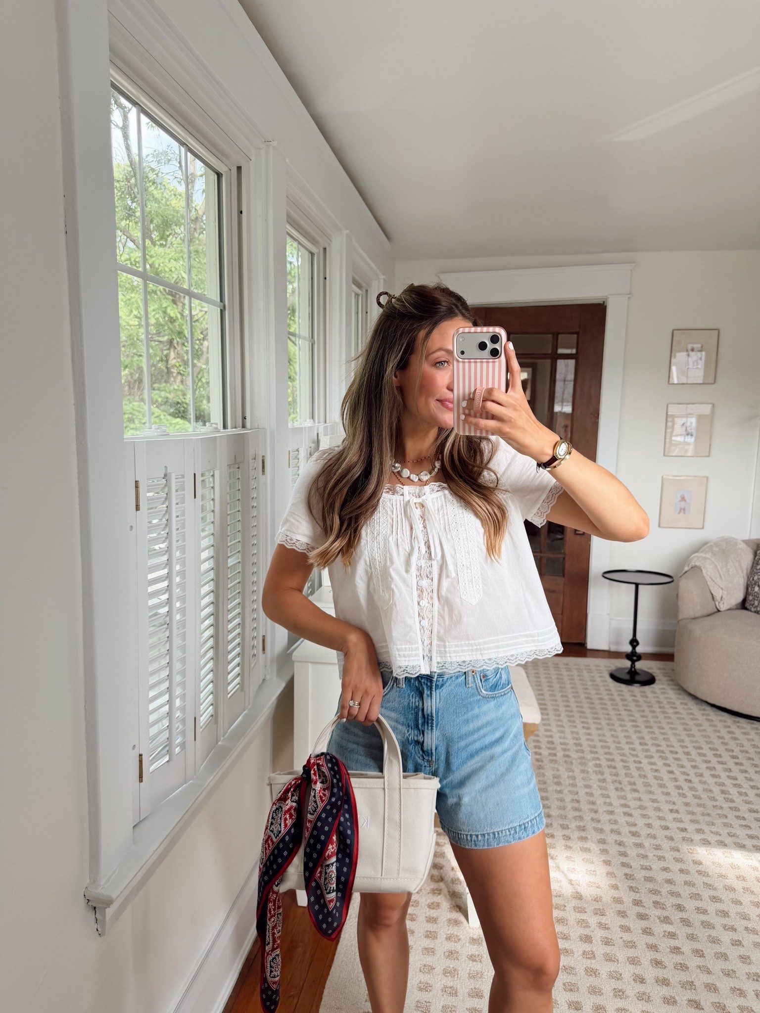 One of my favorite denim shorts size 27 fit TTS & nursing friendly button up lace top size S

#LTKootd #LTKmomlife #LTKSeasonal