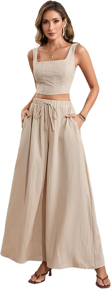SOLY HUX Women's 2 Piece Outfit Square Neck Crop Tank Top and Drawstring Wide Leg Flowy Pants Set | Amazon (US)