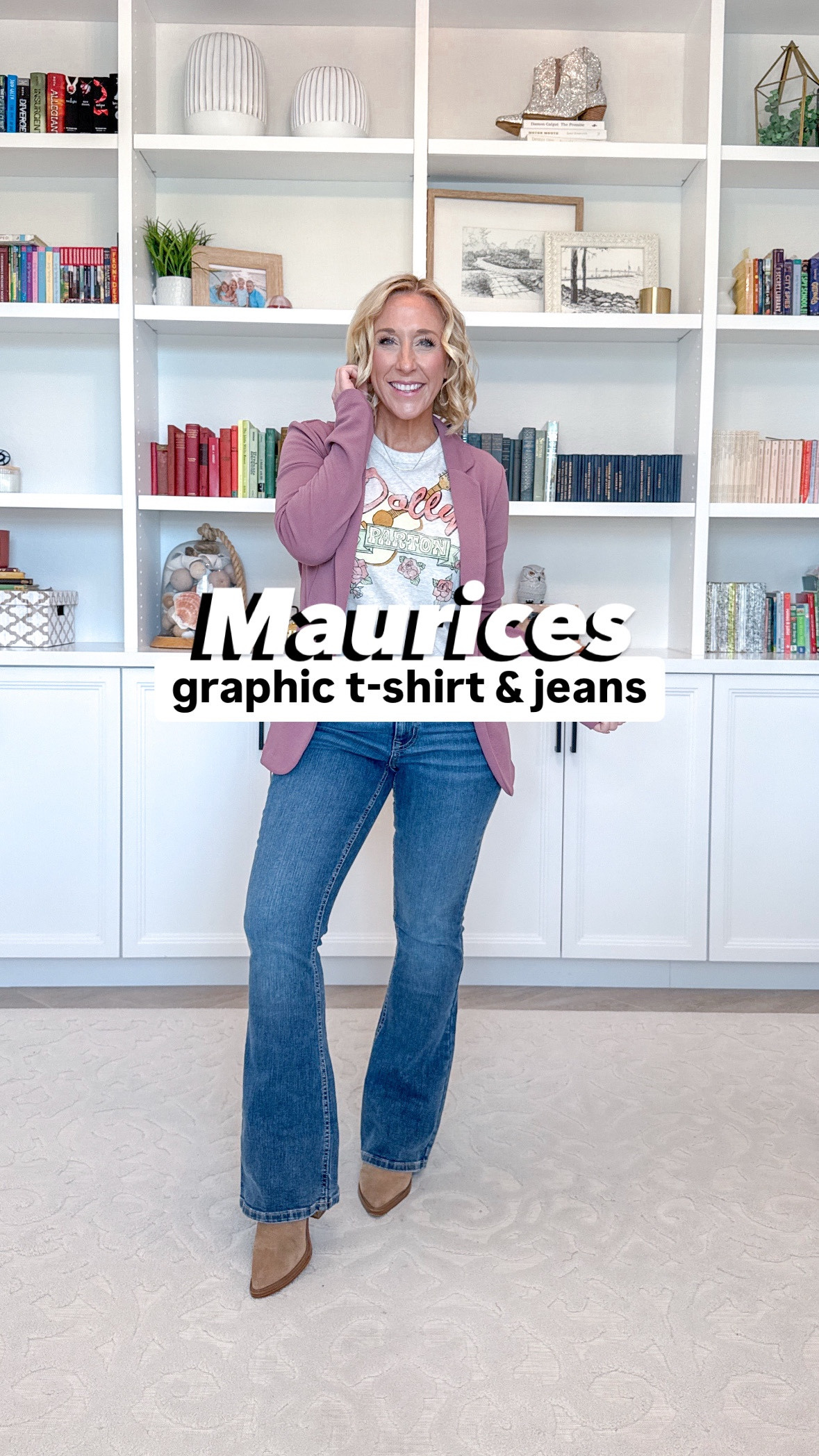 @maurices graphic t-shirts + jeans looks:
(All graphic t-shirts are $15 today!)
1. Dolly t-shirt - size small. 
2. Mid-rise flare jeans - size 2.
3. Pink blazer - size small. 
4. Journey t-shirt - size small (oversized fit).
5. MTV t-shirt - size small. 
6. Grey jacket - size small. 
7. Rolling Stones t-shirt - size XS. 
8. High rise bootcut jeans - size 26.
• black faux leather jacket - size small. 
• earrings & sunglasses linked too
* black jeans (from beginning of the reel) - size 2. 

#mauricespartner
#discovermaurices 
#maurices 

#LTKWatchNow #LTKSaleAlert #LTKSeasonal