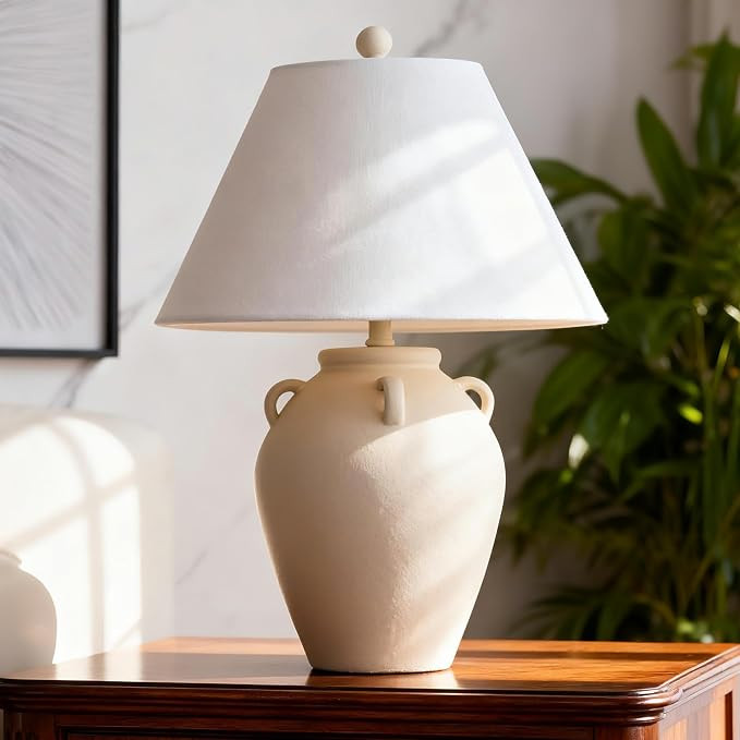 Maxax 25" Farmhouse Ceramic Table Lamp for Living Room, Cream White Bedside Lamp for Bedroow, 3 W... | Amazon (US)