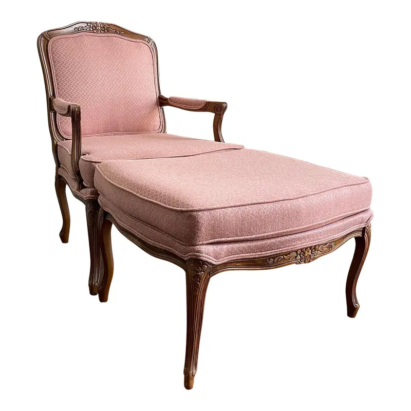 Vintage Carved French Provincial Louis XVI Style Pink Bergere/Arm Chair and Fitted Ottoman- 2 Pieces | Chairish