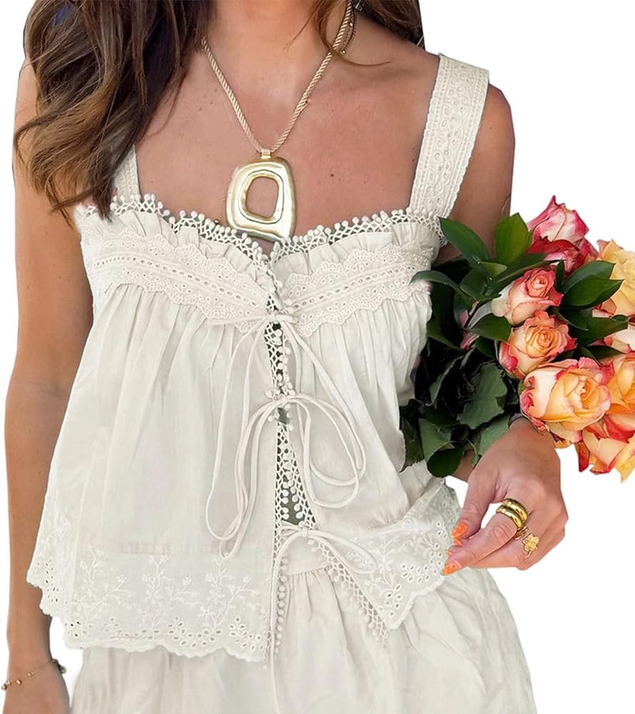 Women Y2K Lace Tie Front Tank Top Boho Eyelet Sleeveless Camisole Crop Vest Peplum Babydoll Going... | Amazon (US)
