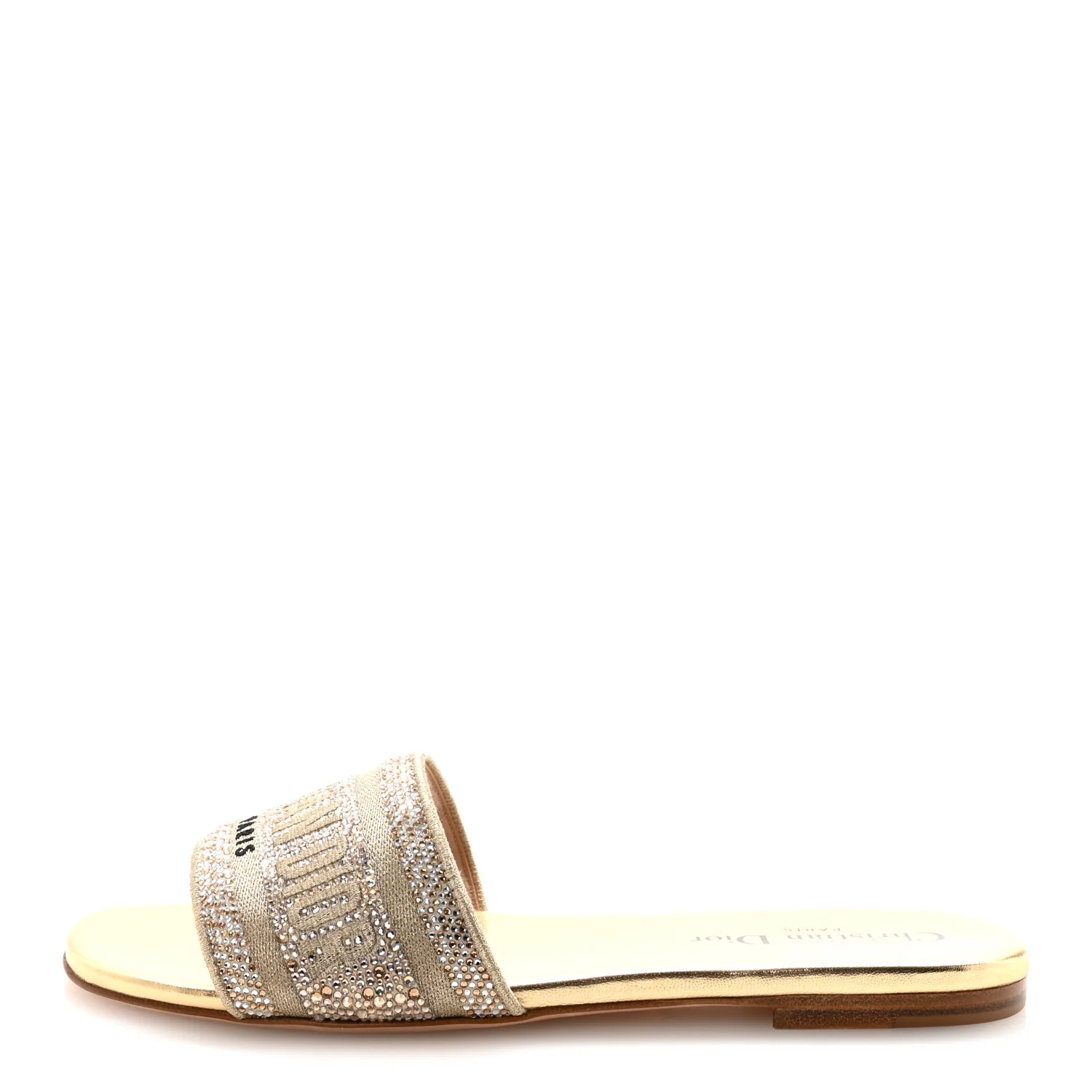 Cotton Laminated Calfskin Strass Embroidered Dway Slide Sandals 37 Gold | FASHIONPHILE (US)