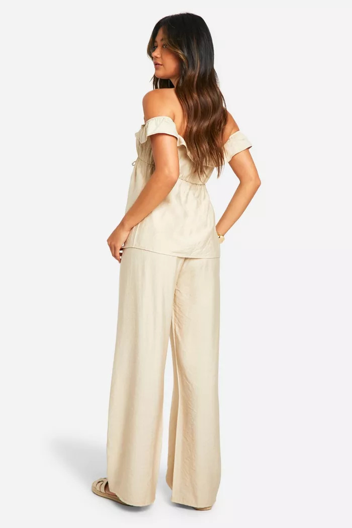 Linen Look Bardot Top & Wide Leg Trousers | Boohoo.com (UK & IE)