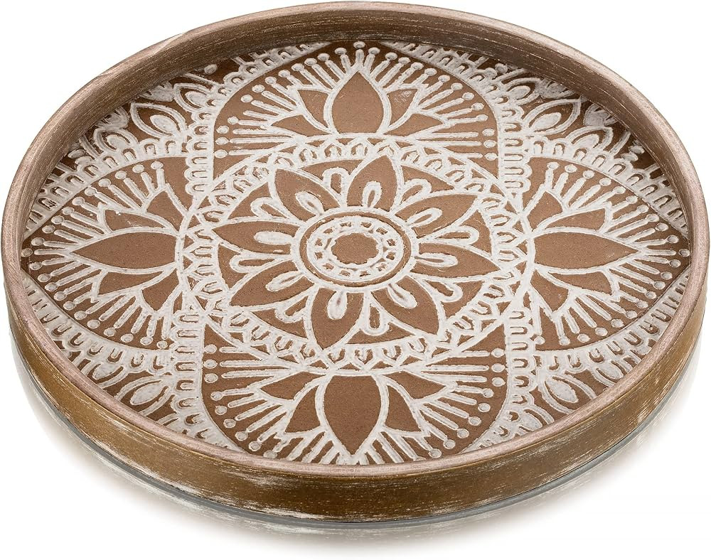 Hanobe Round Wood Decorative Tray: Rustic Coffee Table Tray Farmhouse Tray Decor White Washed Cen... | Amazon (US)