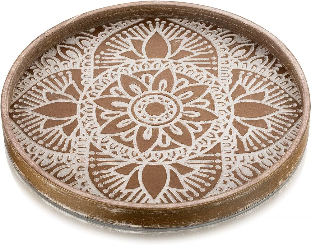 Hanobe Round Wood Decorative Tray: Rustic Coffee Table Tray Farmhouse Tray Decor White Washed Cen... | Amazon (US)