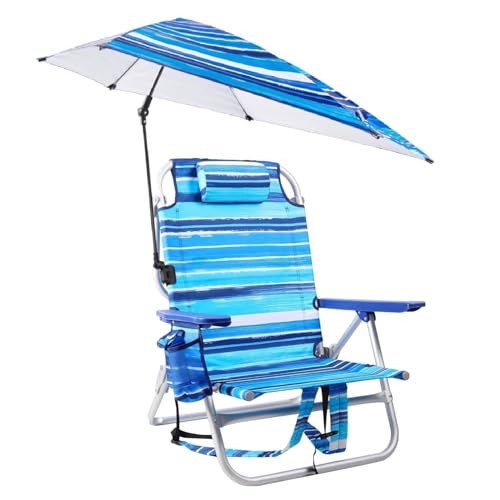 BOSSIN Backpack Beach Chair with Umbrella for Adults, Folding Heavy Duty Camping Chair with Large Pockets, Cup Holder and Towel Rack (Light blus) | Amazon (US)
