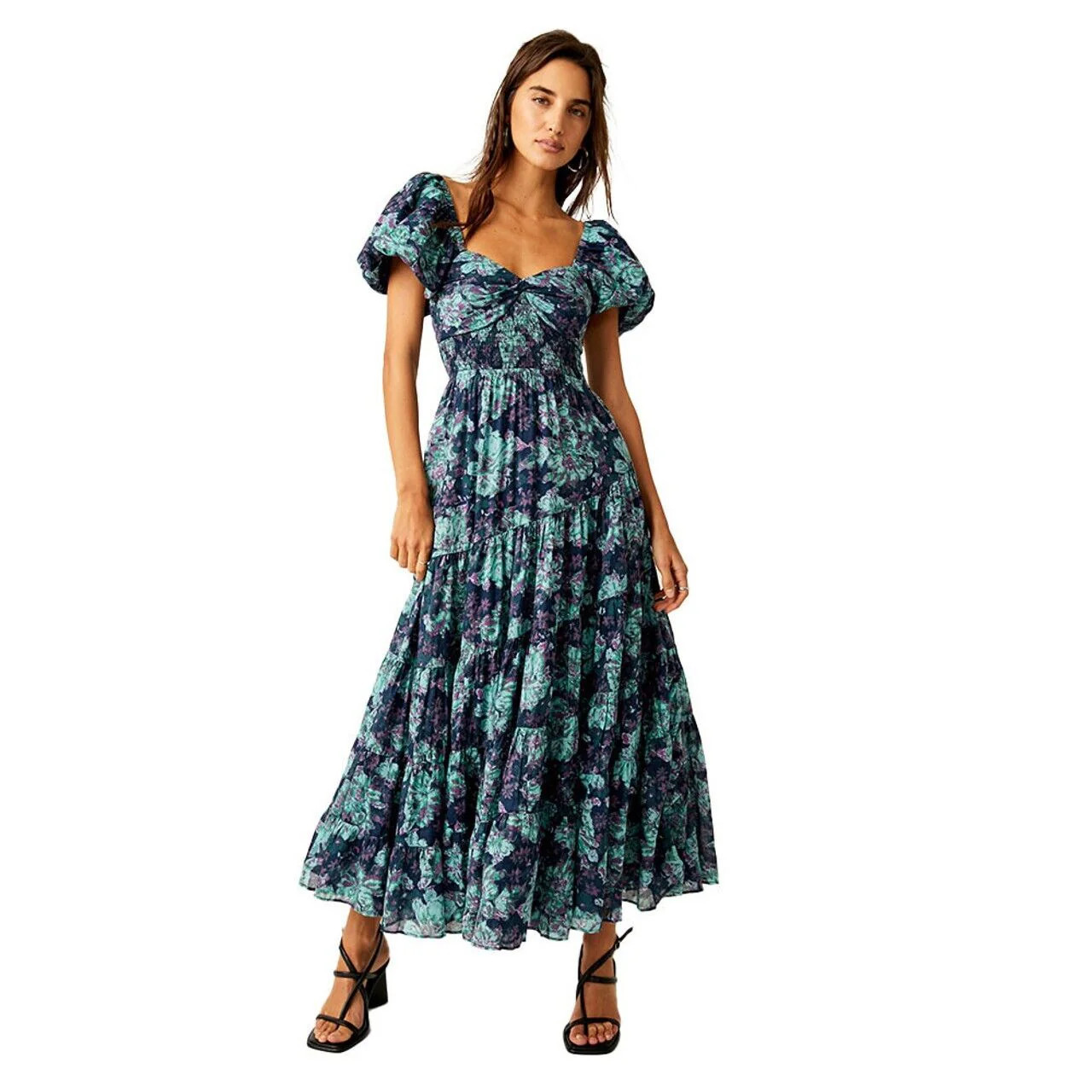Free People Sundrenched Dress Women's Small Green Floral Smocked Tiered ERK774 | Shop Simon