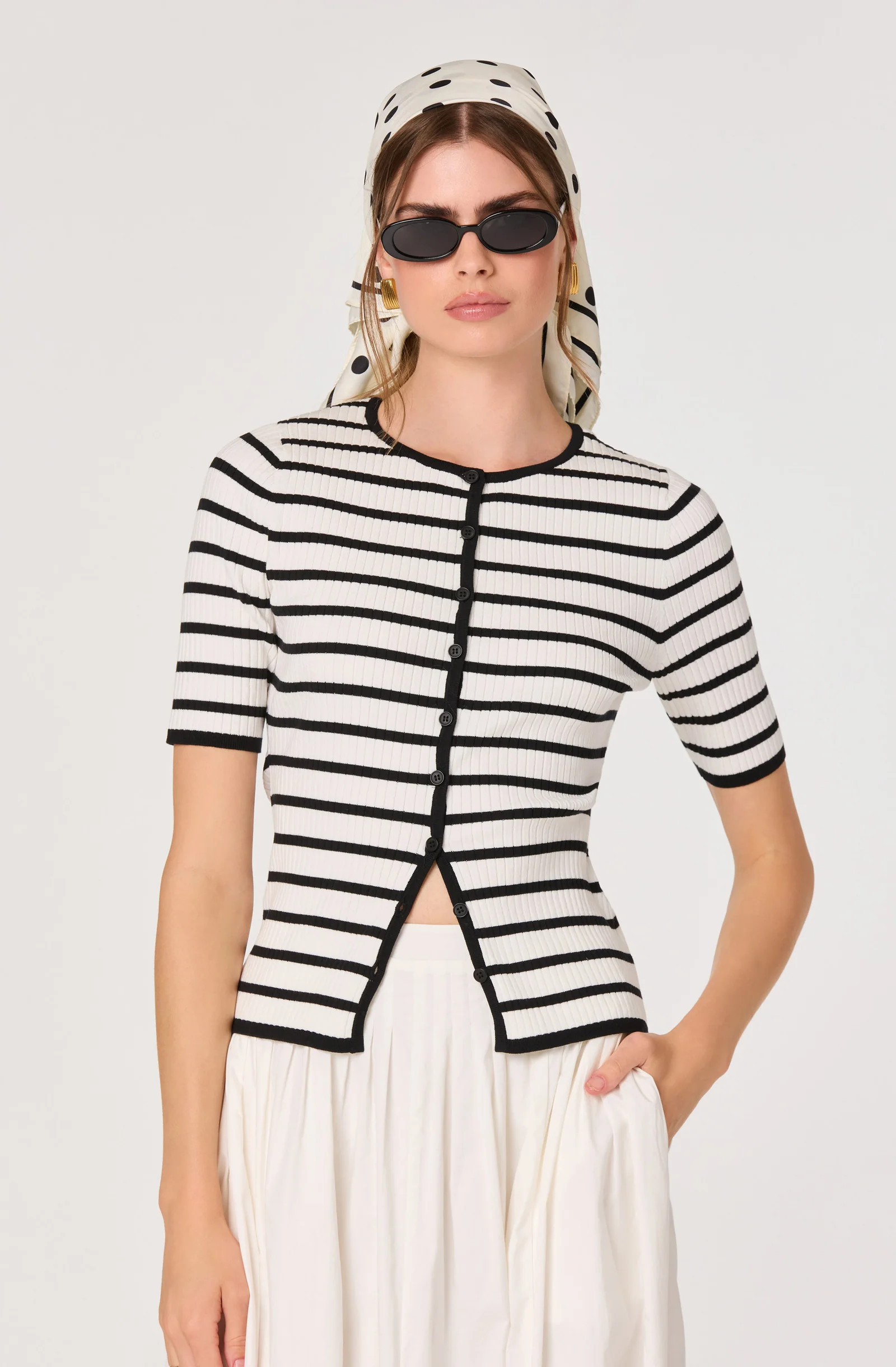 Henrie Striped Ribbed Short-Sleeve Cardigan - Black white / XS | ASTR The Label (US)