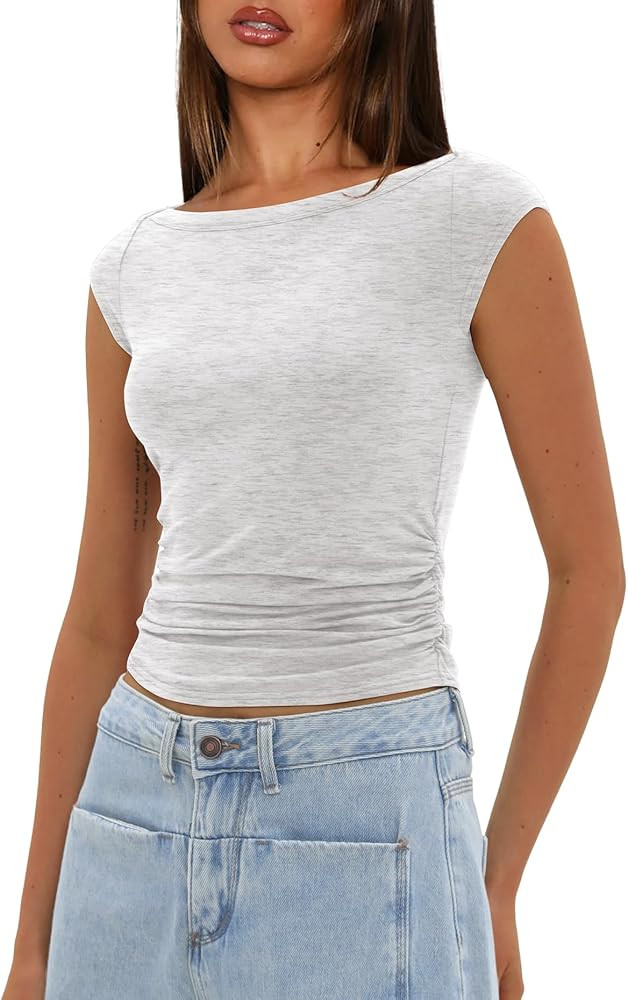 Darong Women's Summer Cap Sleeve Tops Slim Fitted Boat Neck Basic Tee Casual Going Out Top Shirts | Amazon (US)