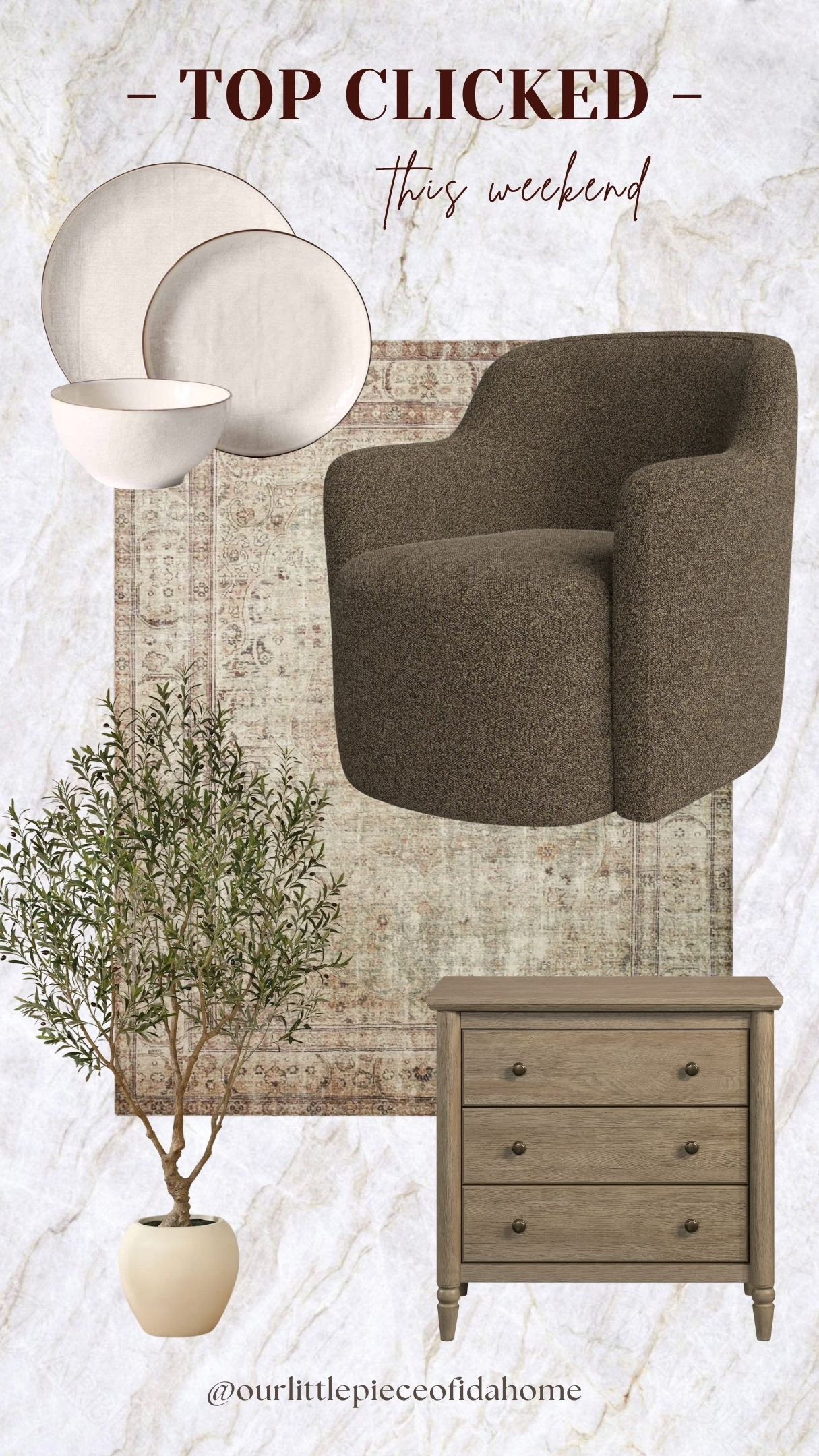These were some of the most loved home finds from the weekend, and they all have that warm layered look I’m always drawn to. The textured accent chair, vintage-inspired rug, and wood nightstand feel classic without feeling overly styled.

I also linked the dinnerware and faux olive tree that add so much softness and texture to a space. Beautiful everyday pieces that make a home feel finished and lived in.
@Wayfair 
@walmart

#LTKHome #LTKSaleAlert #LTKU