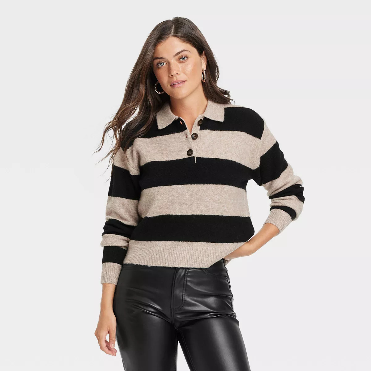 Women's Collared Pullover Sweater - Universal Thread™ Tan/Black Striped L | Target