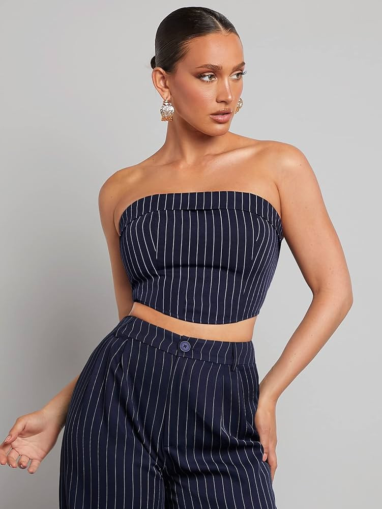Women's Tops Sexy Tops for Women Shirts Striped Rib-Knit Crop Tube Top Shirts (Color : Navy Blue, Size : X-Small) | Amazon (US)