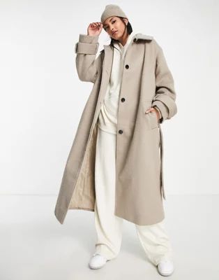 ASOS DESIGN smart brushed boyfriend wool mix coat in mushroom | ASOS (Global)