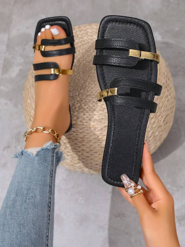 Women's Summer New Square Toe Gold Striped Hollow-Out Slippers For Casual, Vacation, Daily And Beach Wear, Flat Fashion Sandals | SHEIN