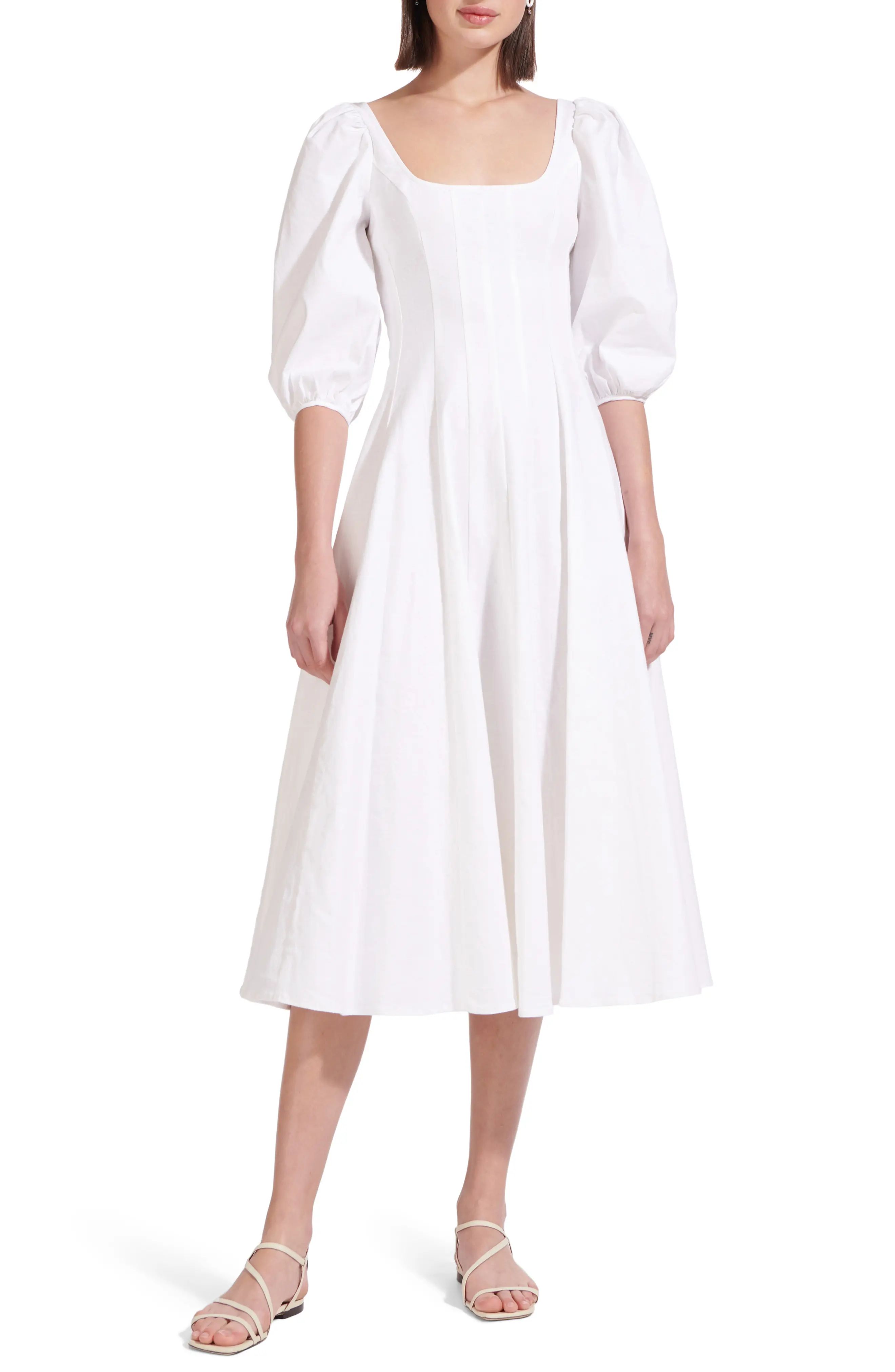 Women's Staud Swells Stretch Linen & Cotton Dress, Size 12 - White | Nordstrom