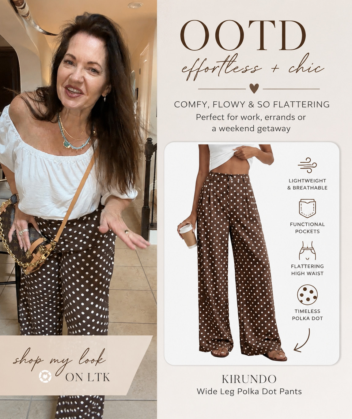 Today’s outfit 🤎 I’m loving these brown polka dot wide-leg pants, lightweight, flowy and so easy to dress up or down. I paired them with a simple white top, layered turquoise jewelry and my favorite crossbody for an easy put-together look.

The pants have a flattering high waist, functional pockets and plenty of movement, exactly the kind of piece I’ll wear now and carry right into fall.

#LTKOver50 #LTKStyleTip #MidlifeStyle #Over50Style #OOTD #WideLegPants #PolkaDotPants #AffordableStyle
 

 #LTKootd #LTKTall #LTKWorkwear