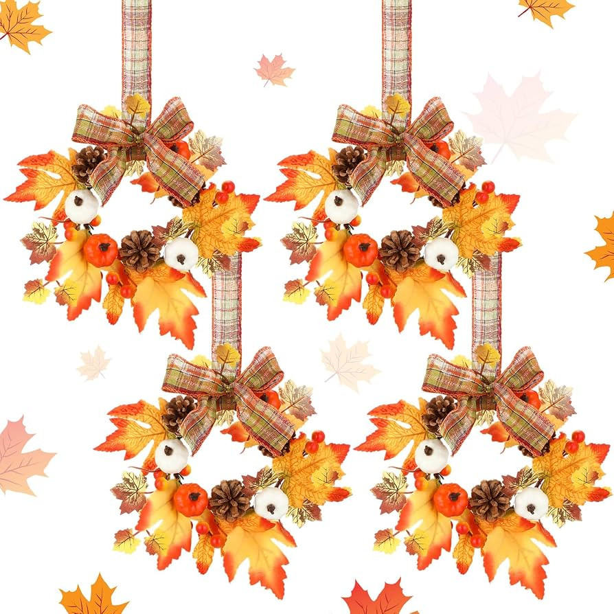 Syhood 4 Pcs Thanksgiving Mini Maple Wreath for Front Door Artificial Orange Wreath Faux Kitchen ... | Amazon (US)