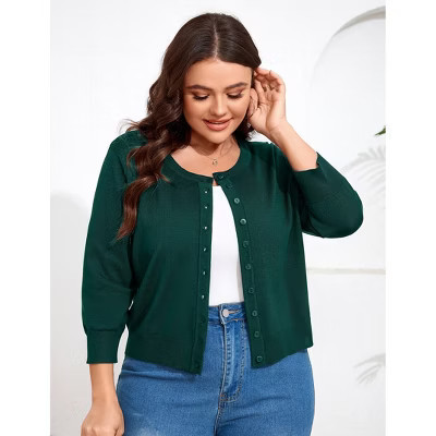 YESFASHION Women Plus Size Cardigan Round Neck Button Down 3/4 Sleeve Top Solid Casual Cardigan, Dark Green, 3XL | Target