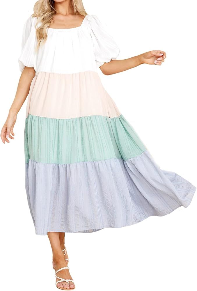Women's Square Neck Puff Sleeve Rainbow Color Dress Ruffle Flowy Smocked Summer Dresses at Amazon... | Amazon (US)