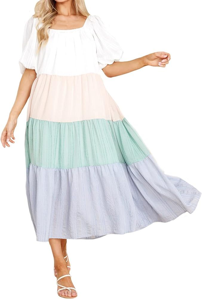 Women's Square Neck Puff Sleeve Rainbow Color Dress Ruffle Flowy Smocked Summer Dresses at Amazon... | Amazon (US)