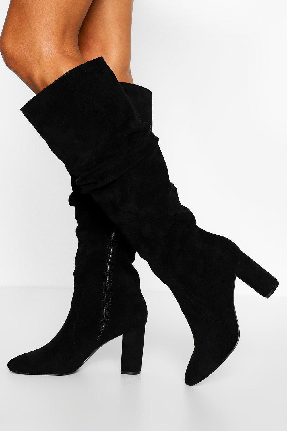 Womens Slouched Block Heel Knee High Boots - Black - 5 | Boohoo.com (US & CA)
