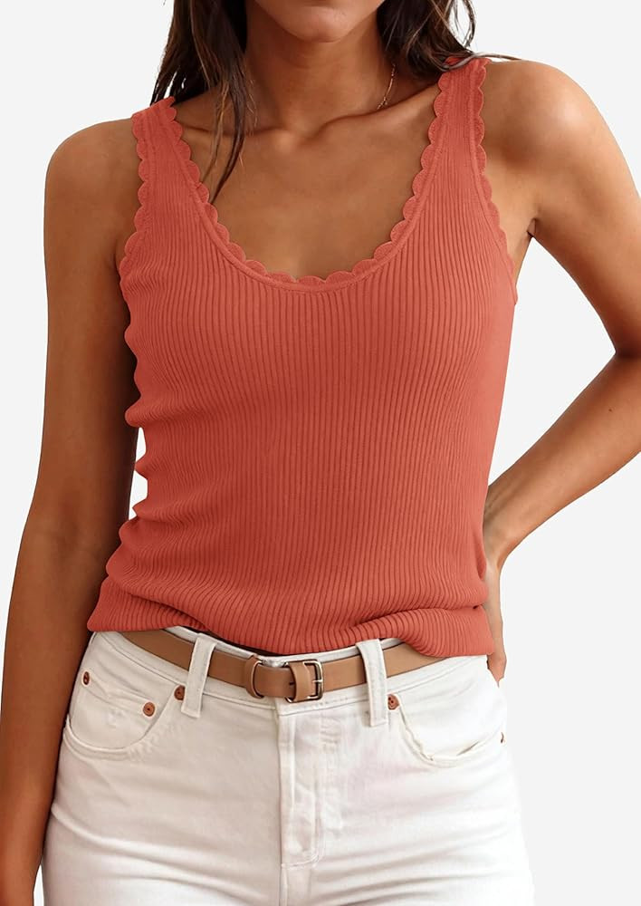 PRETTYGARDEN Womens Summer Sleeveless Tank Tops 2026 V Neck Ruffle Lightweight Ribbed Knit Shirt ... | Amazon (US)