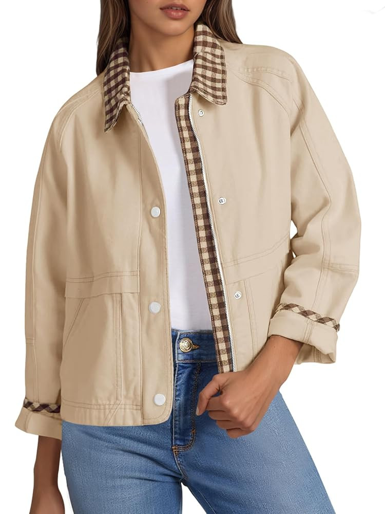 Tankaneo Womens Cropped Jacket Lightweight Casual Zip Up Barn Jackets Fall Contrast Plaid Outerwe... | Amazon (US)