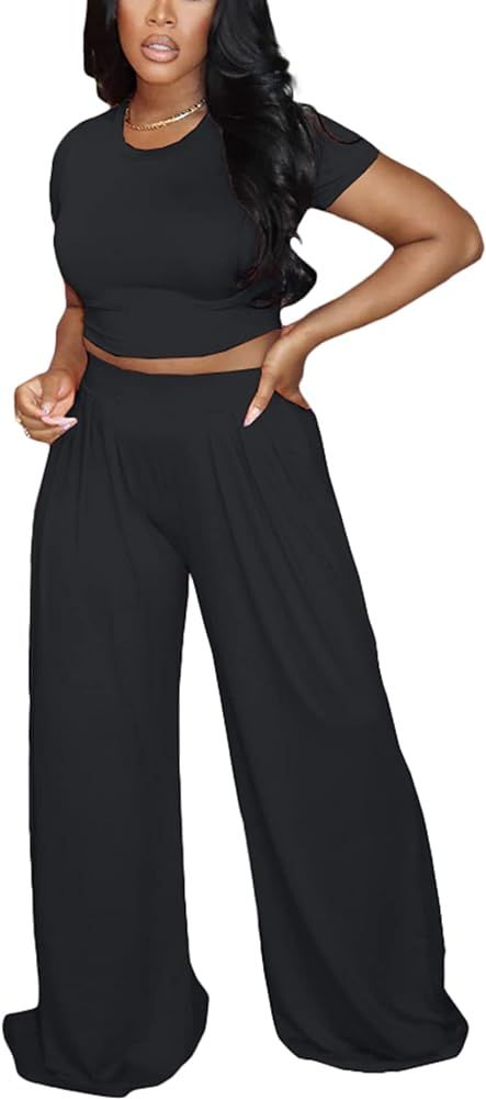 Womens Summer Casual 2 Piece Outfit Sexy Crew Neck T-Shirt Crop Top High Waist Wide Leg Long Pala... | Amazon (US)