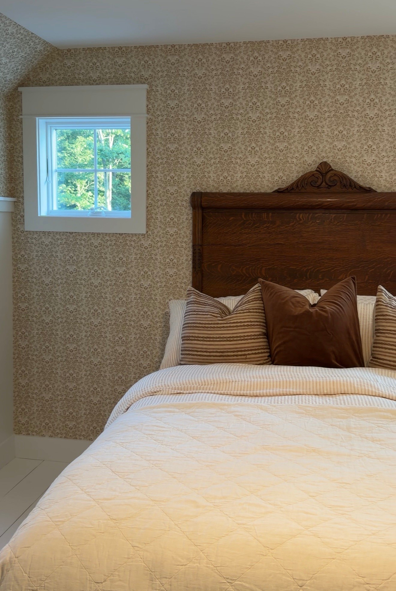 Guest room bedding and wallpaper details. 
I can’t link the wallpaper because the colors were designed by me. But it is from Love vs Design. It’s the pattern Charming Garden with the colors: wheat (flower accents) ivory (flowers) peanut (leaves) brew (stem)

#LTKHome