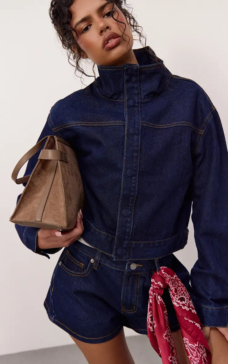 Indigo Polka Dot Funnel Neck Cropped Denim Jacket | PrettyLittleThing US