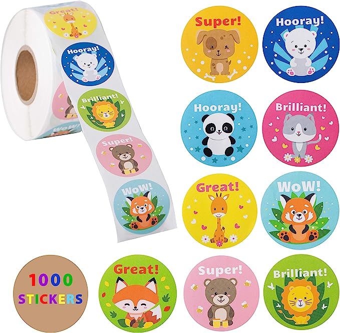 1000 Stickers for Kids in A Roll - Teacher Reward Stickers 1.5 Inch - Cute Animal Stickers - Scho... | Amazon (US)