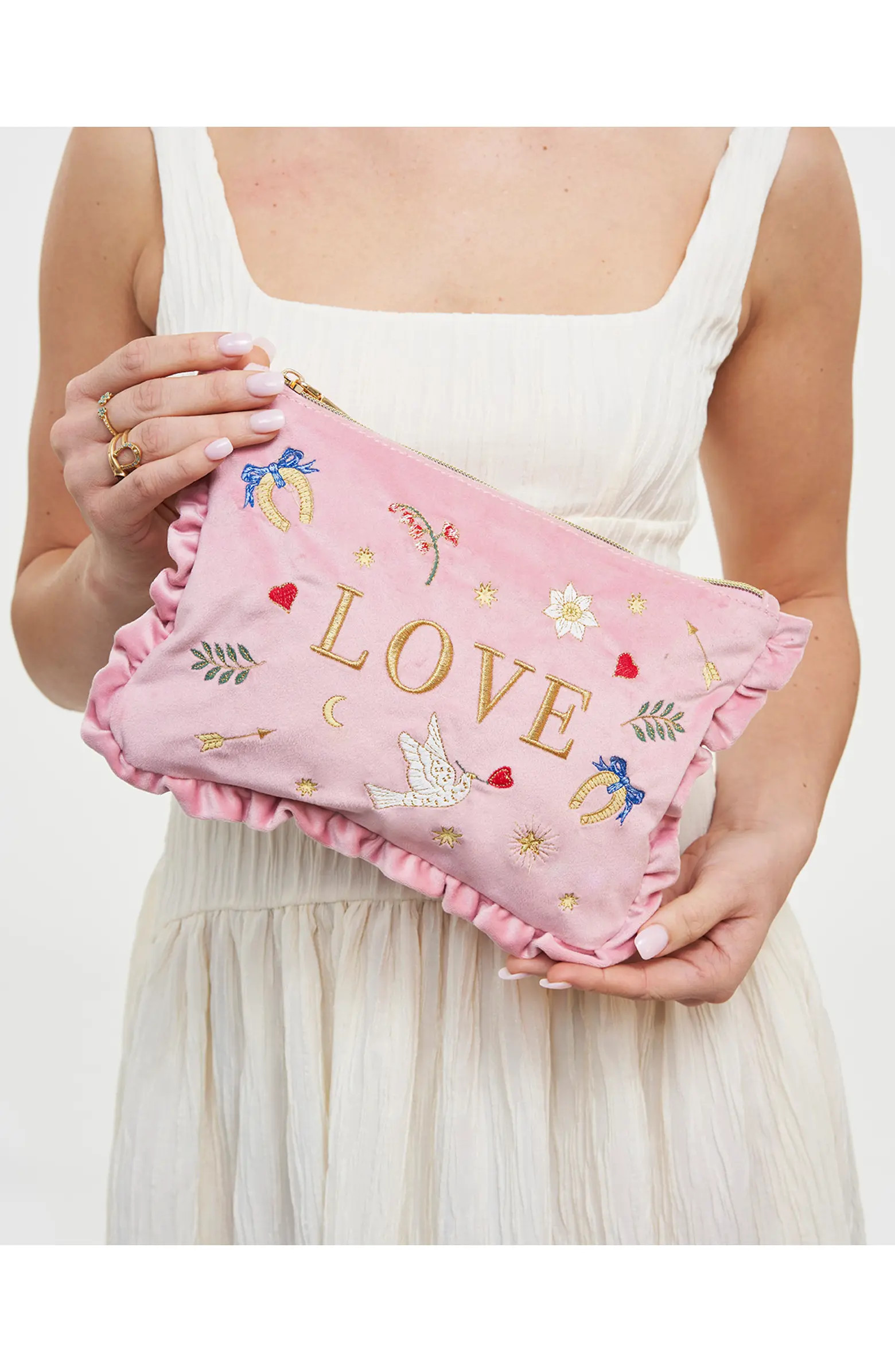 Love Scatter Velvet Embroidered Pouch | Nordstrom