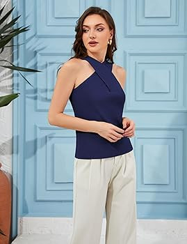 Yeokou Women Halter Cross Over Collar Tank Knit Sleeveless Top Solid Color Casual Summer Blouse | Amazon (US)