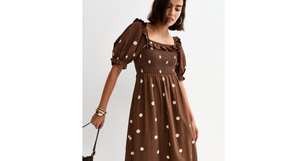 Brown Polka Dot Puff Sleeve Shirred Midi Dress | New Look | New Look (UK)