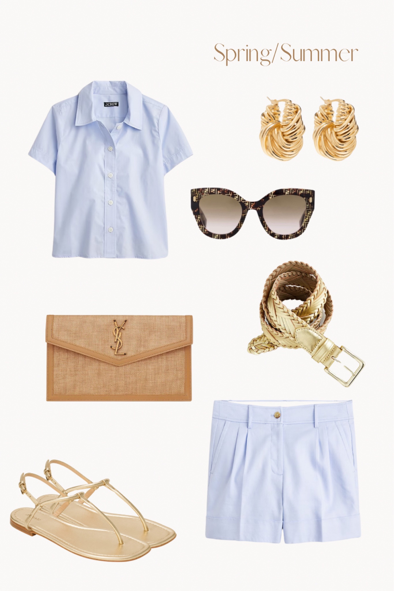Spring outfit, vacation outfit, monochromatic outfit, light blue shorts, light blue blouse, blue blouse, blue shorts, sandals, gold sandals, raffia bag, gold belt, gold hoop earrings, matching set, matching blue set, j. Crew, oversized sunglasses, blue outfit, linen #LTKtravel 

#LTKSeasonal #LTKsalealert #LTKover40