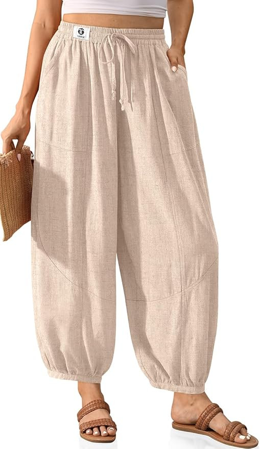 TARSE Womens Linen Barrel Harem Pants Casual Wide Leg Baggy Drawstring Boho Summer Beach Palazzo ... | Amazon (US)