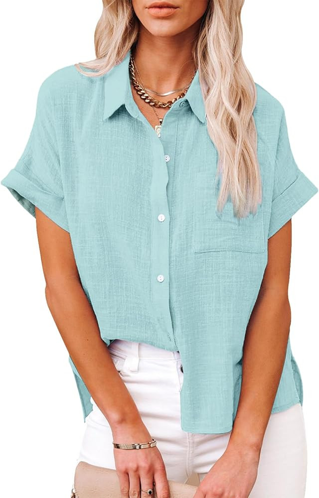 Womens Casual Cotton Linen Button Down Short Sleeve Shirts Solid Summer Beach Blouses Tops with P... | Amazon (US)