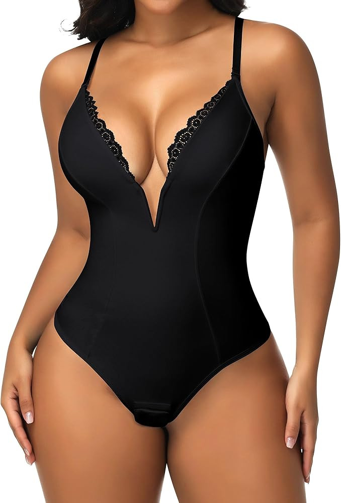 SHAPERIN Women's Lace Trimmed Deep V Neck Bodysuit Plunge Tummy Control Shapewear Thong Body Suit... | Amazon (US)