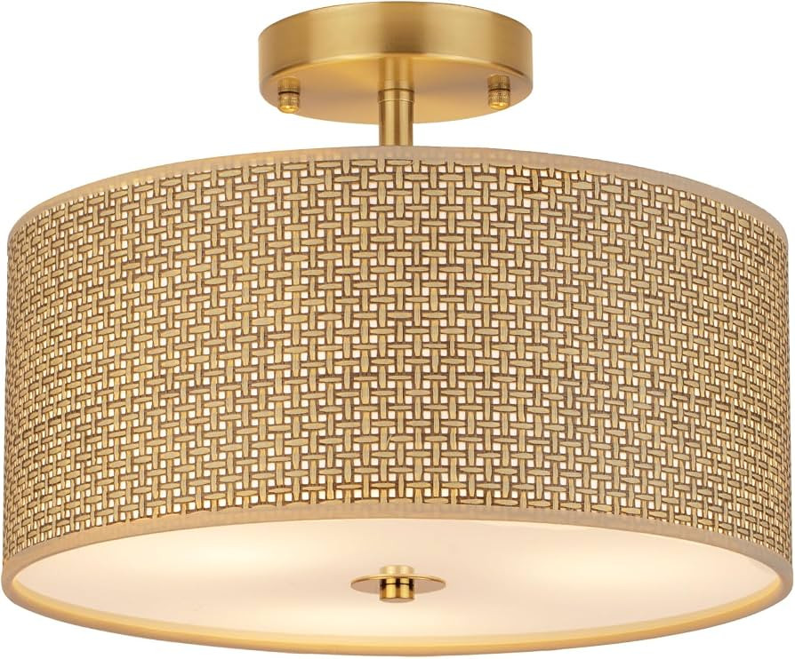 13" Woven Rattan Boho Ceiling Light Fixture, 3-Light Modern Semi Flush Mount Lamp with Drum Fabri... | Amazon (US)