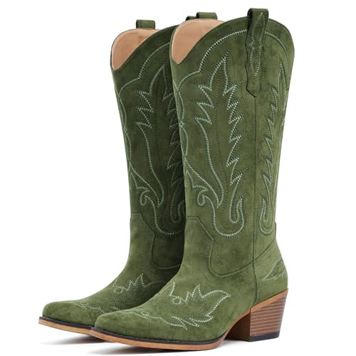 Fioralie Suede Cowboy Boots for Women Western Mid Calf Cowgirl Boots with Embroidered, Retro Snip Toe Fashion Boot With Chunky Block Heel Summer Fall Country Music Festival Cowboy Chic | Amazon (US)