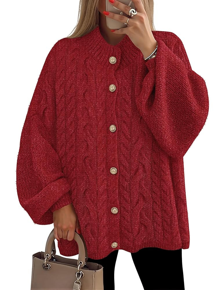 ZESICA Women's Button Down Cardigan Sweaters 2025 Fall Lantern Long Sleeve Mock Neck Chunky Knit ... | Amazon (US)