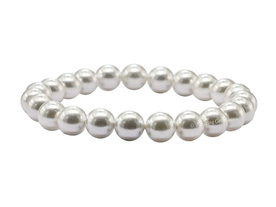 White Pearl Bracelet for Women Men's Gifts - Protection Healing Crystal Bracelet - 8mm Gemstone B... | Amazon (US)