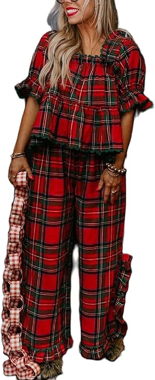 Women Christmas Gingham Pajamas Y2k Plaid Puff Sleeve Babydoll Tops Split Wide Leg Pants Xmas Ruf... | Amazon (US)