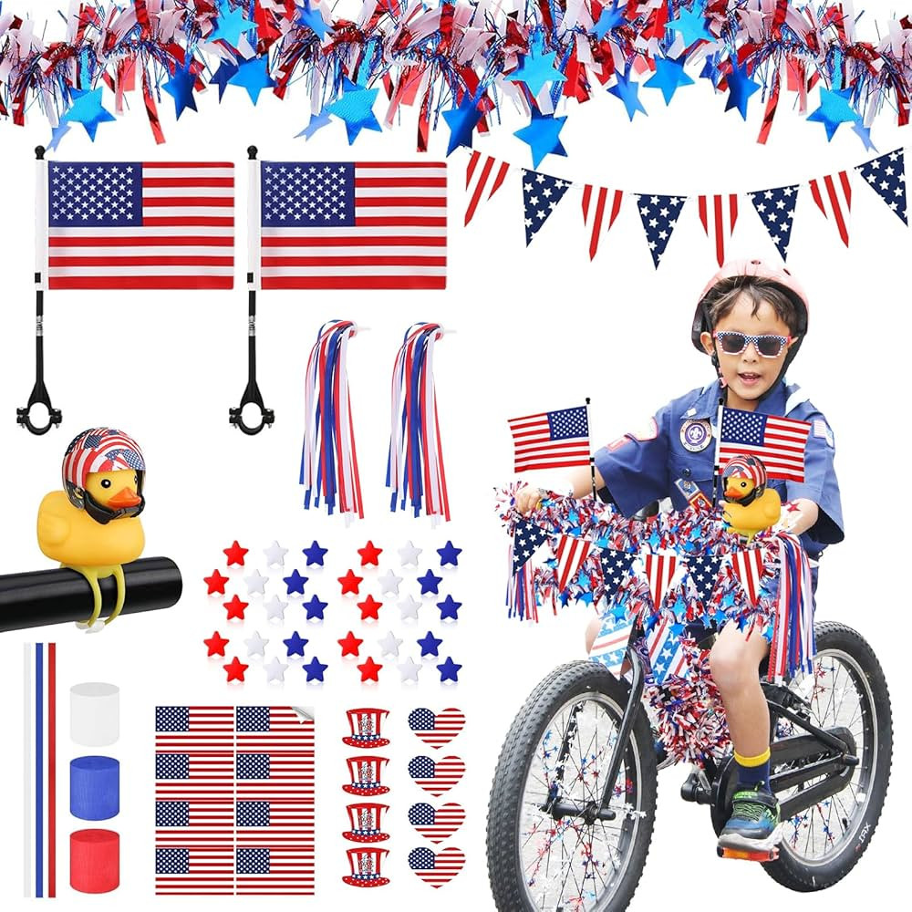 4th of July Bike Decorations for Kids - Parade Patriotic Bicycle Decor, Red White Blue Bike Tasse... | Amazon (US)