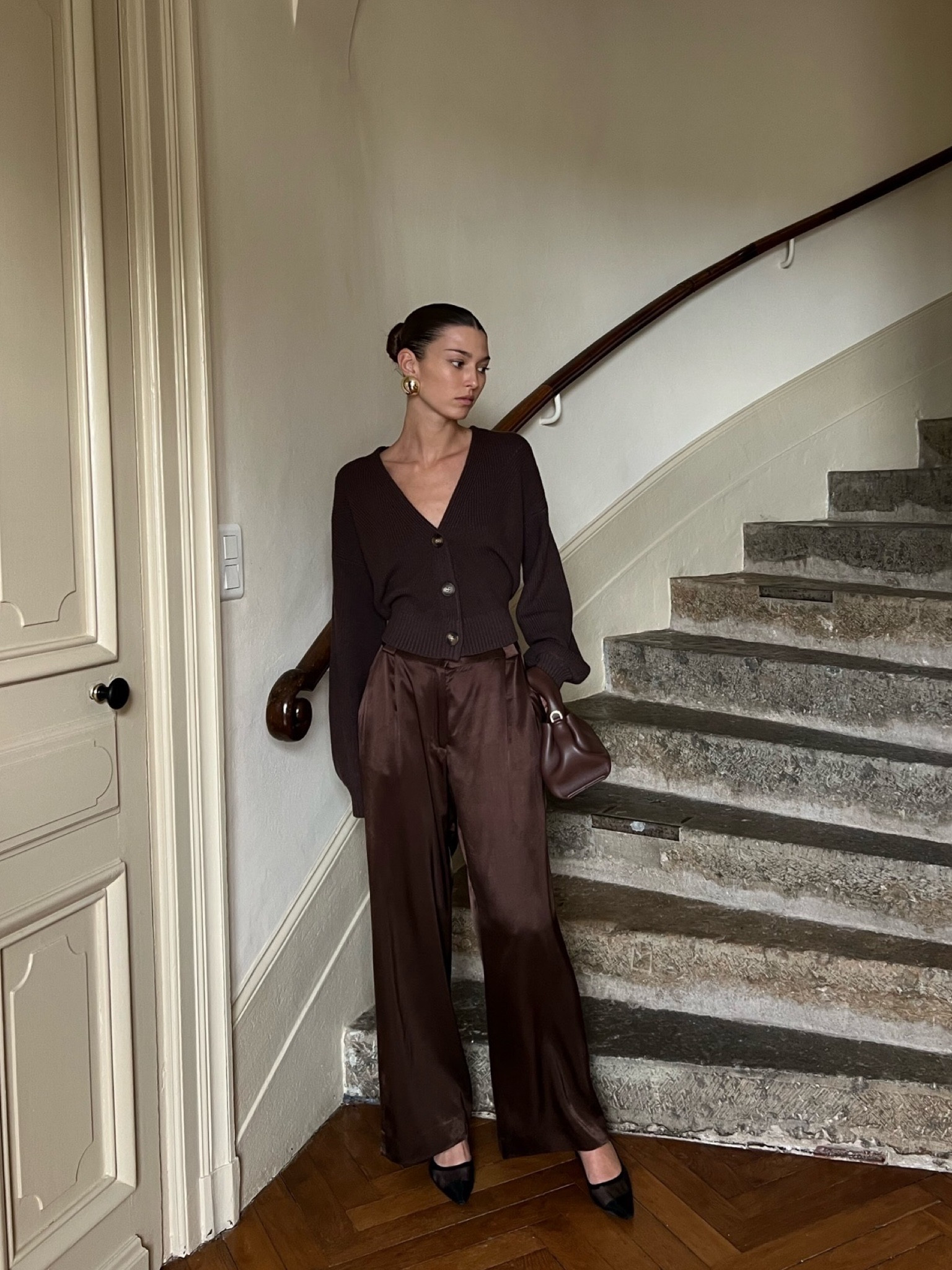 Brown outfit, DVF, Diane Von Furstenberg, brown cardigan, silk trousers, Mango, neutrals, neutral outfit, autumn winter outfit, brown tones, v neck cardigan, wool cardigan 

#LTKSeasonal #LTKstyletip #LTKeurope