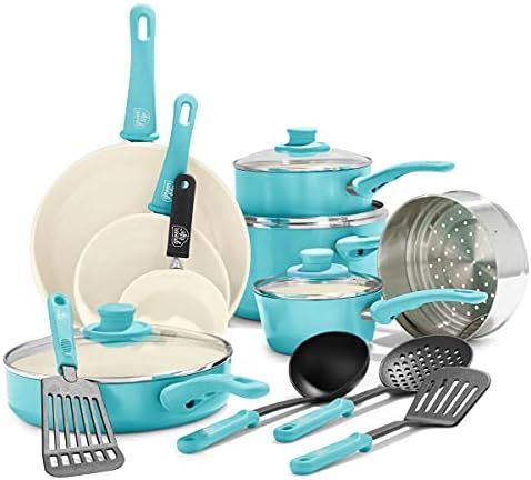 GreenLife Soft Grip Healthy Ceramic Nonstick, Cookware Pots and Pans Set, 16 Piece, Bright Blue | Amazon (US)